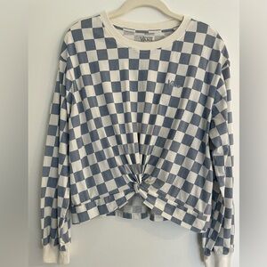 Vans Printed Knotty Long Sleeve Tee in blue and white checkerboard, Size M